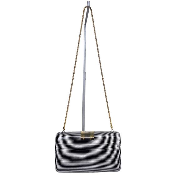 Vintage Saks Fifth Avenue Striped Clam Shell Chain Strap Bag Clutch Purse Italy - Picture 6 of 10